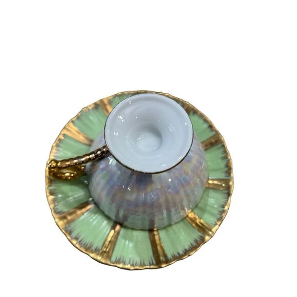 Vintage Royal Sealy Teacup & Saucer Mint Green Gold Iridescent Roses Japan Rare - Picture 10 of 16